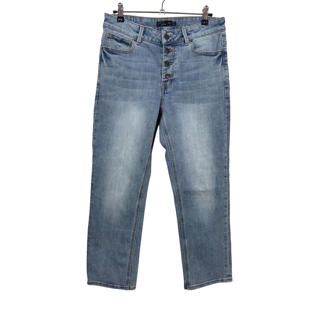Prana Gram Crop Jeans Womens 6/28 Blue Straight Exposed Button Fly Stretch Ankle